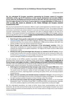 Joint Statement for an ambitious Horizon Europe Programme Cover