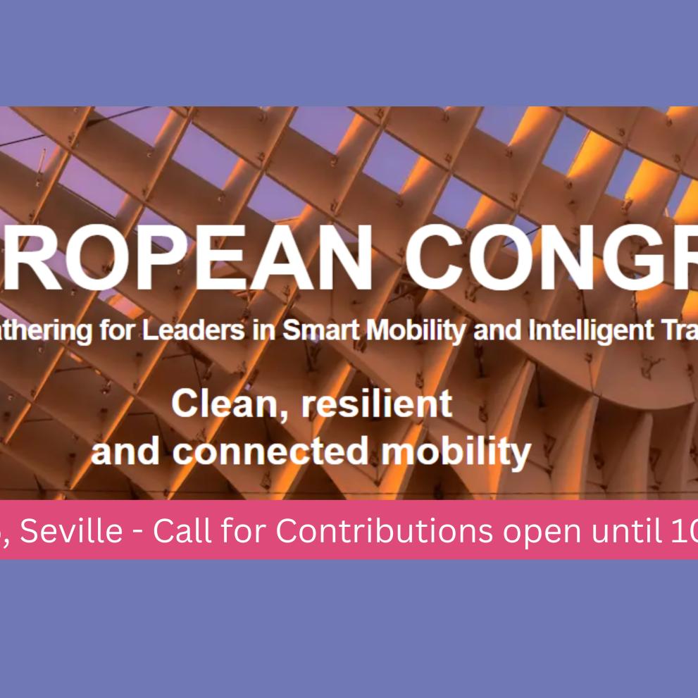 Picutre of famous building in sevilla in the background, in front announcement of event ITS European Congress